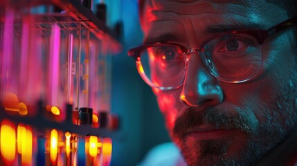 Scientist examining colorful test tubes in a laboratory setting during the evening