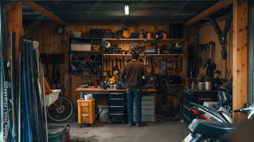 Wall mural couple tidying up their garage, organizing tools