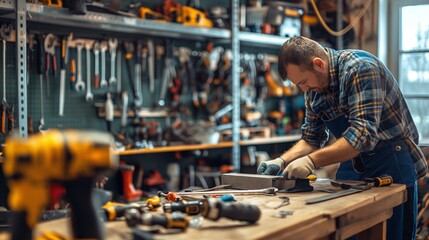 couple tidying up their garage, organizing tools