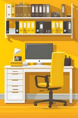 Yellow Office Desk with Computer and Chair