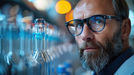 A man with glasses examining glass bottles in a distillery during the evening
