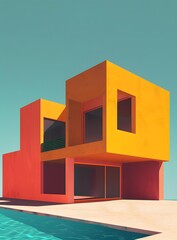 Modern Minimalist House with a Swimming Pool in a Sunny Day