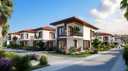 Modern White Houses with Red Roofs and Lush Green Landscaping