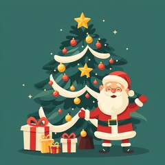 Festive Christmas illustration featuring Santa Claus with gifts in front of a decorated Christmas tree. Holiday spirit and joy.