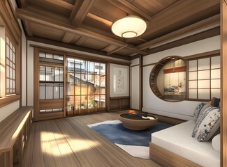 Modern Japanese Style Living Room Interior Design with Wooden Ceiling and Floor