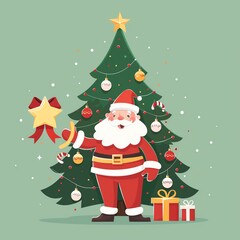 Naklejka premium Cheerful Santa Claus standing by a decorated Christmas tree with presents, holding a star and ringing a bell.