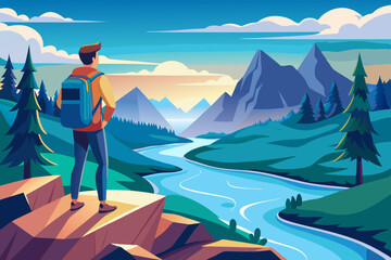 Concept of exploration, discovery, hiking, searching and adventure. A man with a backpack, explorer or traveler stands on top of a mountain and looks at the river
