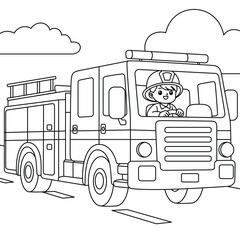 Firefighter Driving a Fire Truck Outline Coloring Page. Labor Day Colouring Page