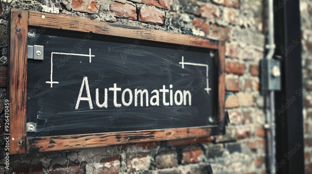 Poster chalkboard displaying the word automation on a brick wall, symbolizing advancements in industry