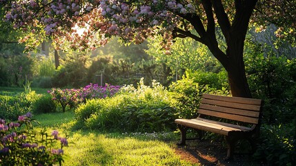 Naklejka premium A tranquil garden scene with a wooden bench under blooming trees, illuminated by soft sunlight, perfect for relaxation.