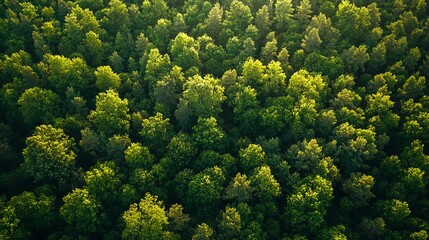 Naklejka premium Aerial view of a lush green forest showcasing vibrant foliage and diverse tree species under natural sunlight.
