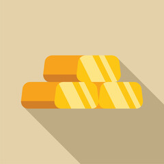 Three gold bars stacked on top of each other casting a long shadow on a tan background
