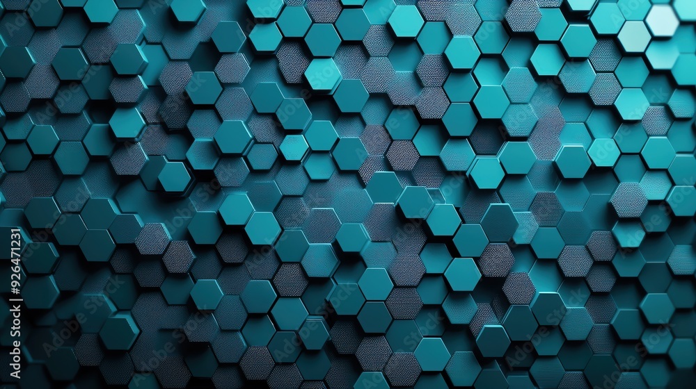 Poster abstract hexagon pattern in teal hues, creating a modern and dynamic background for technology and d
