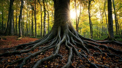 Majestic tree roots stretch across a forest floor, illuminated by soft sunlight filtering through vibrant autumn leaves.