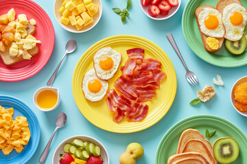 Top-down view of a breakfast table with a variety of foods including scrambled eggs, bacon, toast, and fresh fruit on colorful plates.