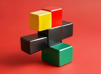 Obraz premium Colorful Wooden Blocks Stacked in a Cross Shape on Red Background