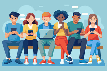 Obraz premium Young people are sitting on a bench with gadgets. Students use laptops, smartphones and tablets for study. Internet addiction. 