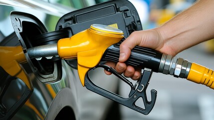 A Closeup of a Hand Holding a Yellow and Black Gas Pump Nozzle Filling a Cars Tank Emphasizing the Contrasting Colors and Textures