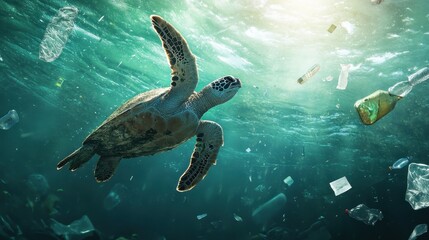 A green sea turtle navigates through water littered with plastic waste beneath sunlight
