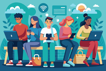 Young people are sitting on a bench with gadgets. Students use laptops, smartphones and tablets for study. Internet addiction.
