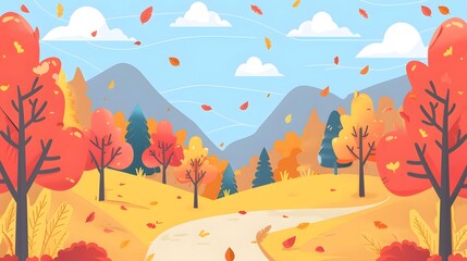 Autumn Forest Path with Falling Leaves