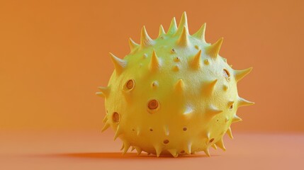 A 3D cartoon horned melon with a spiky yellow and green surface, centered on a soft orange background.