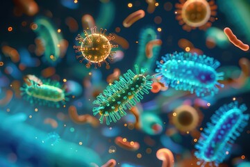 Obraz premium The microscopic world of bacteria, cells, and viruses is brought to life in a digital banner, showcasing their forms with hightech artistry, cyber, with copy space
