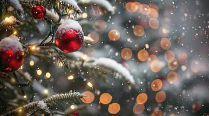 A close-up of a Christmas tree branch with snow, twinkling lights, and red ornaments.
