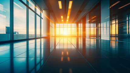  Desolate Modern Business District with Sunlit Glass-Fronted Office Buildings and Spotless High-Tech Workspaces, White Porcelain Floors.