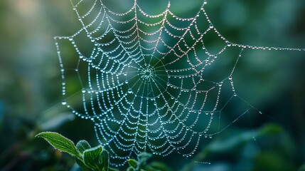 macro of a dew-covered spider web glistening