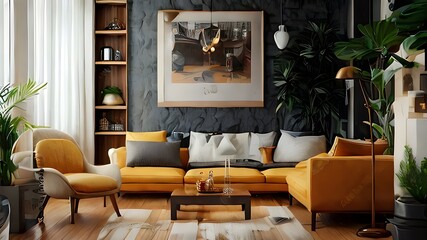 Living room interior in loft, industrial style, 3d render
