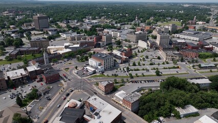 City aerial view of Watertown, NY living in small town USA with streets, buildings, business downtown in summertime in New York State close to Thousand Islands