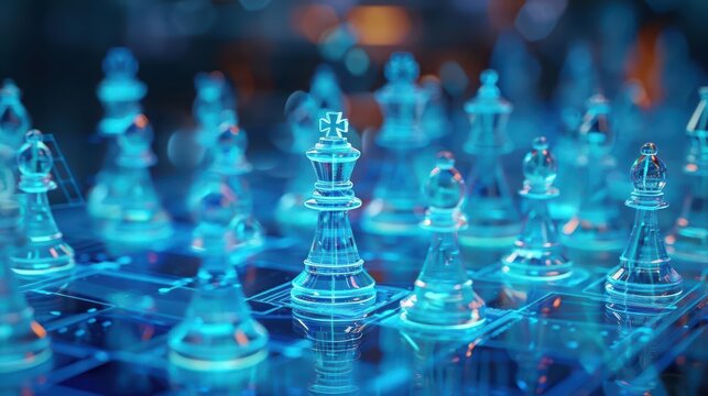 Visionary leaders in a hightech environment play a game of chess with ghostly pieces that transform based on their innovative business ideas