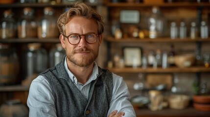 Obraz premium A man with glasses poses confidently in a cozy workspace filled with jars and natural elements in the late afternoon