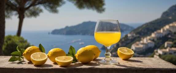 Glass of Limoncello with Lemons and Amalfi Coast Backdrop