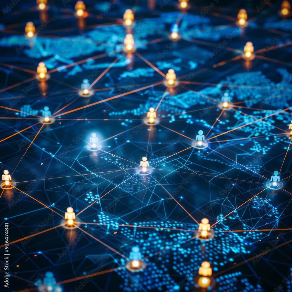 Aufkleber Illuminated nodes and connections illustrate the complex interactions within global business networking and data analysis