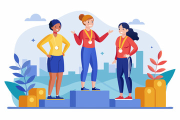 Ceremony of awarding medals. Three female athletes on the pedest
