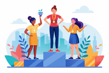 Ceremony of awarding medals. Three female athletes on the pedest

