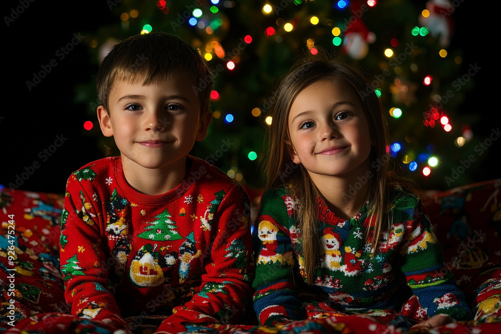 Wall mural siblings stand together, smiling warmly in front of a christmas tree. both wear cozy sweaters, surro