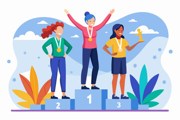 Ceremony of awarding medals. Three female athletes on the pedest
