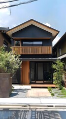 Modern Japanese House with Wooden Balcony and Black Siding