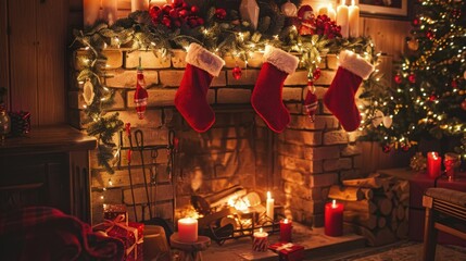 Naklejka premium A cozy Christmas fireplace with stockings hung, candles lit, and a warm, crackling fire.