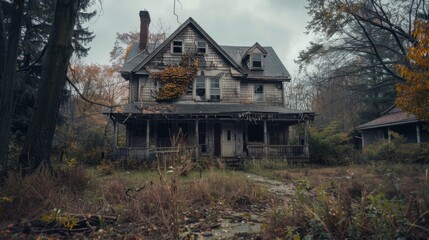 A creepy, abandoned house with broken windows, overgrown yard, and a spooky Halloween atmosphere