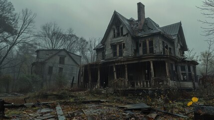 A creepy, abandoned house with broken windows, overgrown yard, and a spooky Halloween atmosphere