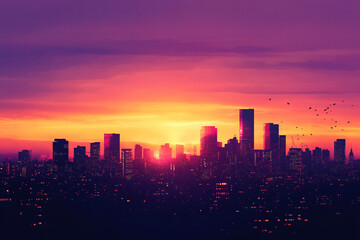 Obraz premium A city skyline with a sunset in the background