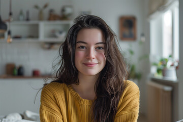 portrait of a young woman at home. give me tags