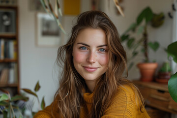 portrait of a young woman at home. give me tags