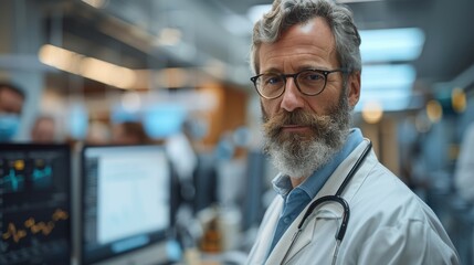 Fototapeta premium A senior doctor in a modern hospital during a busy daytime shift