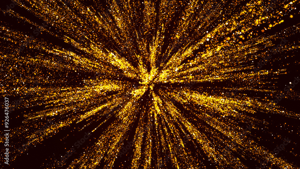 Poster fireworks background of golden particles. abstract volumetric structure of bright fireworks particle