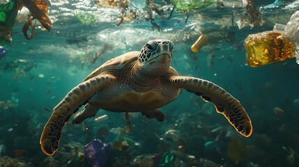 Obraz premium A sea turtle glides through murky waters surrounded by plastic waste and debris